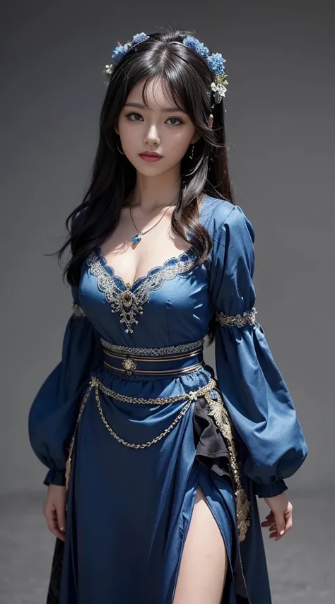 Best Quality, mastery, Detailed hair, high resolucion, (((yunyun))) ,necklaces, Hair ornaments, (beautifull face), blue dress, looking up at viewer, Blue hair, Standing, （Above the waist），witches