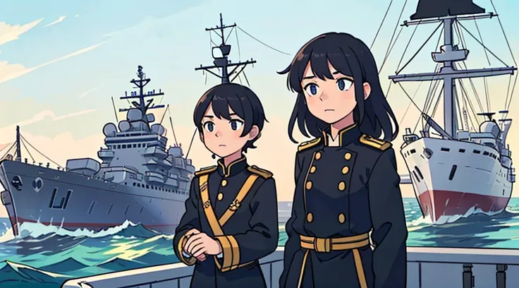 naval uniform, black uniform, ship in background