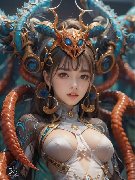 Female Alien, Beautiful face, seduces, red eyes, Full body like, A sexy, alien, No humans, an alien, cells are fused, Multiple hands, Lots of blue tentacle skin:1.5), extraterrestrial, cell, bio image, 魅惑的, Best Quality, 8K,,4K_quality, high_Definition,Dra...