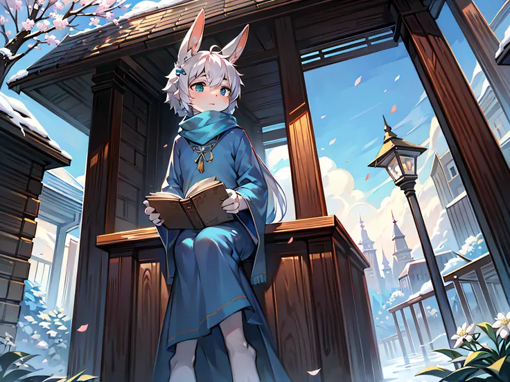 A white rabbit，Long blue scarf，long blue robes，sitting on a rock，Blue scarf，Clear blue sky，Long rabbit ear hair，long sleeves shirt，shota，white color hair，Fluttering petals，k hd，The face is clear，quill，snowflower，parchment，Lamei，Plum blossom branches，holdin...