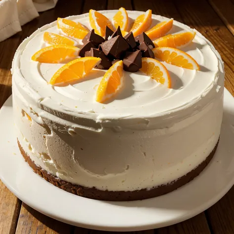 White mousse cake, orange gelee on top, chocolate cake at the bottom 1, foto realistic