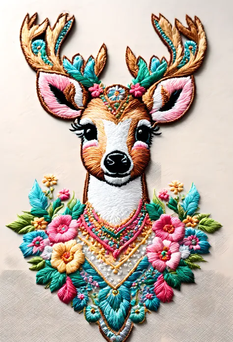 (masterpiece),best quality, ultra detailed, (Absurdres:1.2), cute embroidered deer, 8k, pastel triadic colors