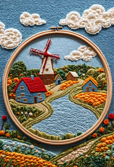 wind mills and farm, light blue sky, (embroidery circle, 3d framed embroidery, macro detailed stitching, intricate fabric texture), needle embroidery, Needlepoint, fantasy art, whimsical, (best quality, masterpiece, Representative work, official art, Profe...