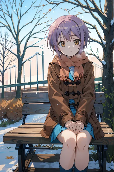 (masutepiece),(Best Quality), Yuki, Brown coat,  scarf, knee high, blank eye, Expressionless face, Park, waiting, Benches, Snow, yuki, tree, Nature,