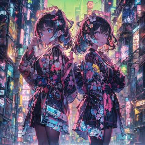 Create an image of floating twin cyberpunk-style girls symmetrically posed in a bustling neon-lit city at night. Each girl is adorned with a modernized kimono, featuring bright neon patterns that reflect the city lights. They are equipped with holographic ...