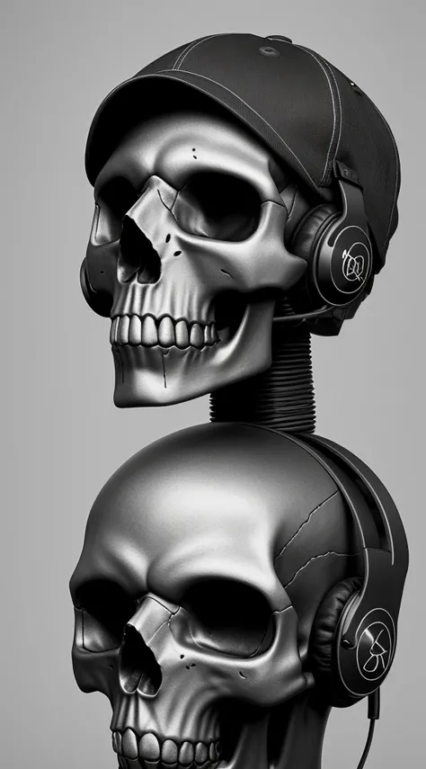 Heavy metal style human skull wearing a cap and headphones over the cap,8k UHD.