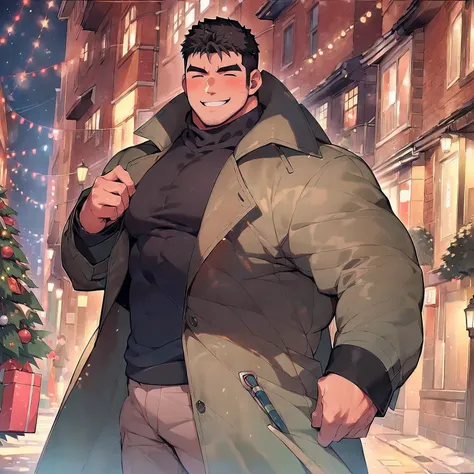 (masterpiece:1.2),(Award-winning original photos:1.2),(Beautiful Christmas illuminations 1.5),stylish european street、(Anime style:1.2)、chris redfield, (solo male sharp focus:1.5)、[(muscular:1.2)|Musclegut], matured male, ([Massive|:1.2)Stocky], cropped ha...