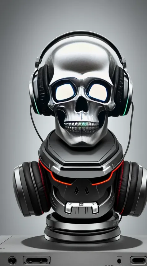 Skull of a heavy metal style robot wearing a cap and headphones on top of a cap, listening to music ,8k UHD.