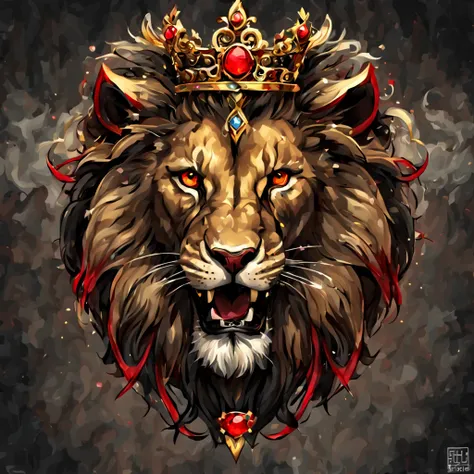 epic lion growls, crown, beautiful, horror, bohemian, stars, realistic, african style, red, black, beige, gold, gems, smoke, fil...