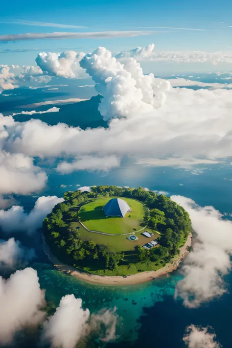 An island magically floating above the clouds,There are tents and camping gear on the island.