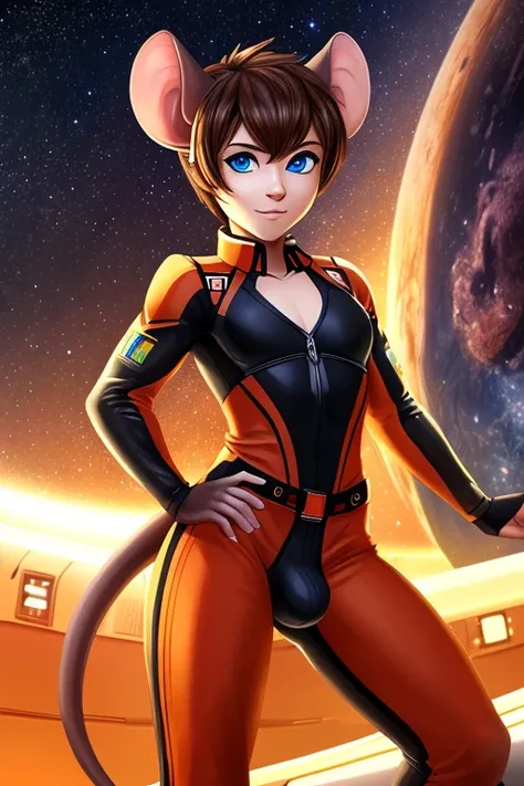 Mouse boy, Rodenian, no human ears, very feminine features, thin lithe feminine body, very small chest, pixie-cut hair, mouse ears, mouse tail, light-brown hair and blue eyes. Dressed in orange and black sci-fi leather pilot suit, cropped jacket. very larg...