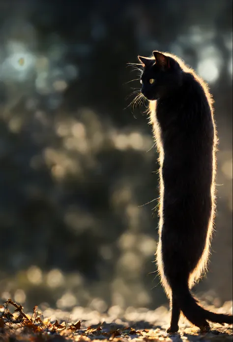 black cat , first snow for animals, flake, partial snowfall, film still from the movie, breath taking, leaves falling, melanchol...