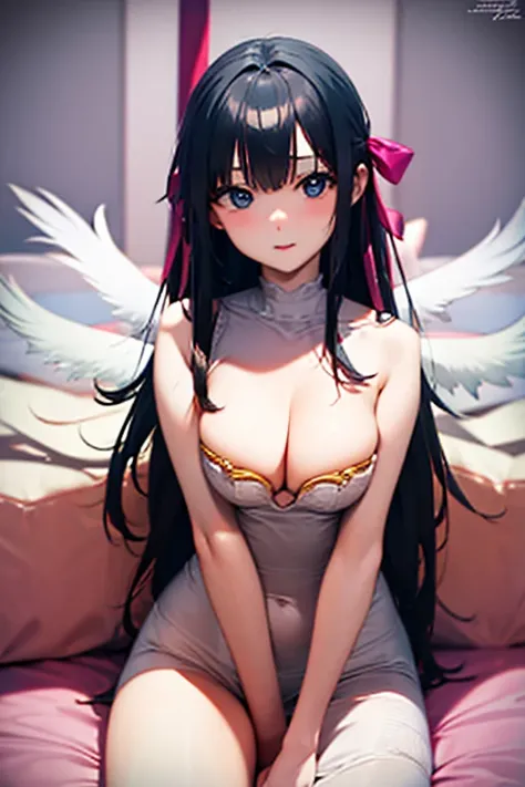 black hair, sexy, busty, buxom, curvy, voluptuous, bed, angel wings, pink ribbon, white wings, nude, naked, nipple