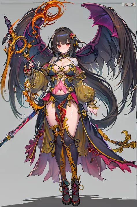 (masutepiece), (Best Quality), (Detailed), Light Layer, Lustrous skin, (intricate-detail , taut clothes, , Demon Wings,Hair Ornament :1.2), From  above, Black hair, Black Choker, Long hair, hime-cut, Woman, Blunt bangs, side locks, Red Eyes, Holding quarte...