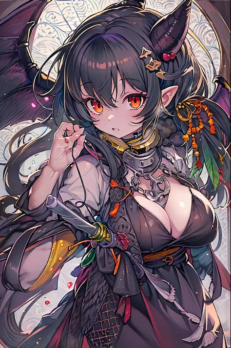 (masutepiece), (Best Quality), (Detailed), Light Layer, Lustrous skin, (intricate-detail , taut clothes, , Demon Wings,Hair Ornament :1.2), From  above, Black hair, Black Choker, Long hair, hime-cut, Woman, Blunt bangs, side locks, Red Eyes, Holding quarte...