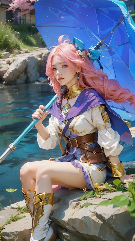 Masterpiece, best quality, beautiful girl, long hair, pink hair, light blue eyes, tech wear, realistic skin texture, realistic clothes texture, realistic hair, realistic, 8k resolution, blue umbrella