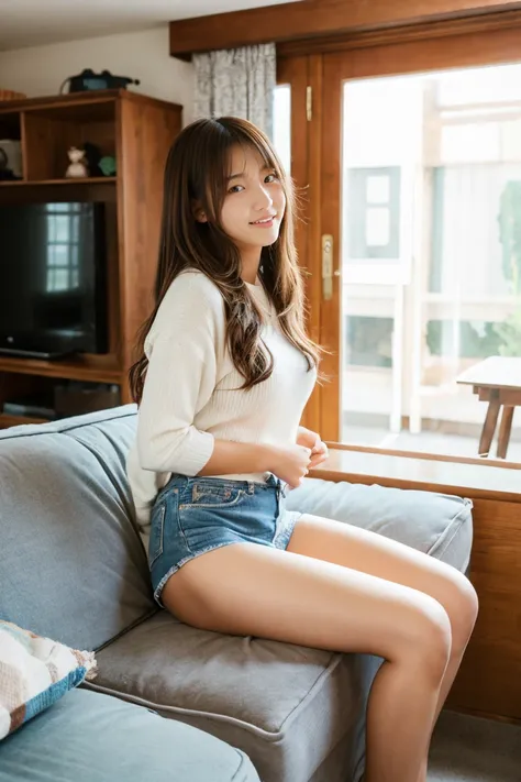 livingroom、A female college student squatting while wearing a denim miniskirt、Panties are visible、age19、