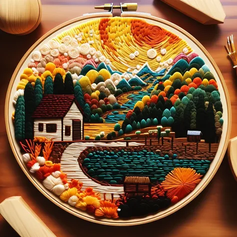 a beautiful cottage, scotland coastal village, (embroidery circle, 3d framed embroidery, macro detailed stitching, intricate fab...