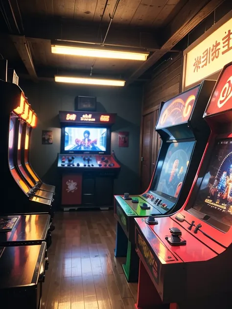 （Game room in a small Chinese town, 1970s.), (Arcade consoles: 1.3), ）, tmasterpiece, photographed in 1978.《Space Invaders（Space Invaders）》, Retro, Nostalgic,,Game scene schedule,antique,rustic,Historic,retrowave,contour,Etched tiles,Octane rendering,Archv...