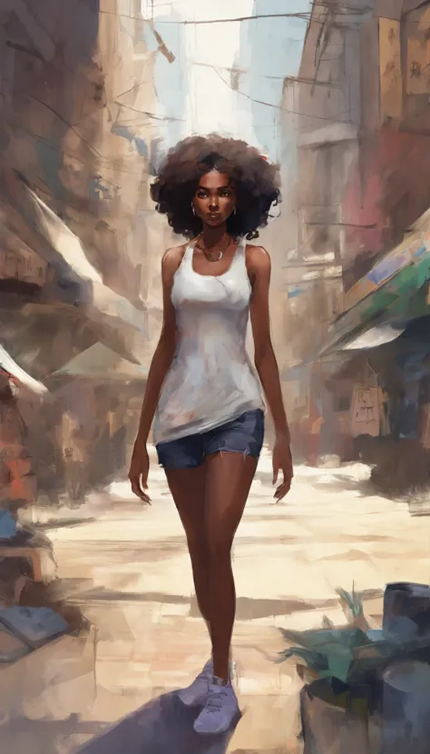 Full body painting, centered, young black afro girl, full body, standing, aerial perspective, long shot, shows the entire character, has short, curly hair, highlighting its natural texture. His brown eyes are expressive, conveying warmth and intensity. Her...