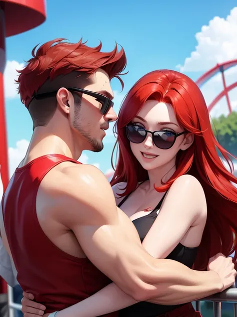 A red-haired man in sunglasses hugs a blue-eyed red-haired woman. amusement park scene perfect face The details are clear. Maximum resolution 4k