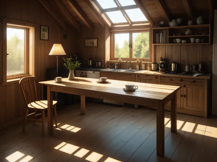 simple wooden cottage, low light environment, table with lamp on, cinema light, sun coming through the window, kettle on fire, ultra realistic, hdr, 8k