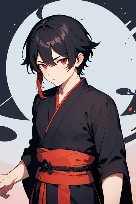 Illustrate 1 boy in a Genshin Impact-inspired anime art style, portraying distinct features such as black, slightly curly hair and striking red eyes. Dress the character in a traditional Japanese yukata, ensuring the design resonates with the games unique ...