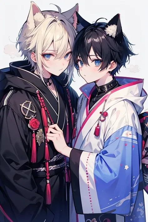 Unparalleled beauty,face perfect、(2man,Gay Male Relationships),Perfect Eye、Blue Eye、 By Shinkai Makoto、Animal ears、Animal tail、a blonde and a black hair、Kimono、steam、steam、White breath、Laugh、Cross your shoulders、Winter Outfit、snowscape、 (2man),Gay Male Rel...