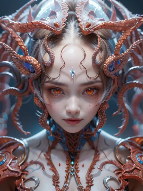 Female Alien, Beautiful face, seduces, red eyes, Full body like, A sexy, alien, No humans, an alien, cells are fused, Multiple hands, Lots of blue tentacle skin:1.5), extraterrestrial, cell, bio image, 魅惑的, Best Quality, 8K,,4K_quality, high_Definition,Dra...