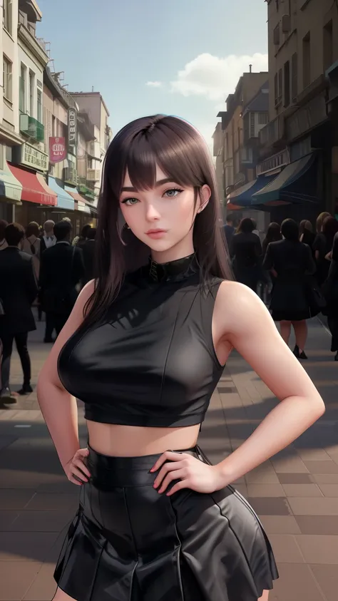 close-up of a man wearing a black top and black skirt, gothic city streets behind her, thicc, highly detailed giantess shot, elegant cinematic pose, Standing on a city street, forest city streets behind her, Standing in the streets, standing in street, on ...