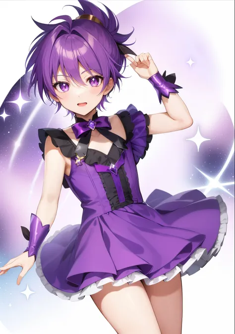 Anime boy in a purple costume with a purple ribbon and a purple dress,   holding a pudica pose, Magical Boy Style, Magical Boy, Sweet sweet, Portrait of a magical boy, , boy with very short purple hair, zerochan art, Boy with Purple Eyes, poneyTail, offici...