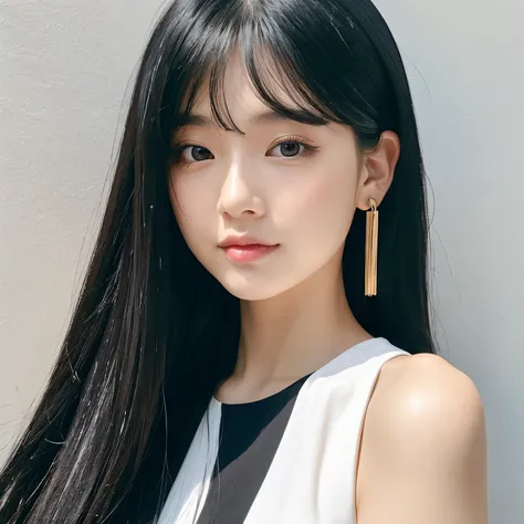 Half white and half black hair、The long-haired、Long、a beauty girl、Small face、human - shaped、White and black dress、Shoulder out、Aimei、light skinned、Yin Yang