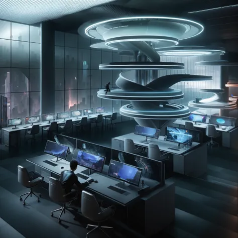 There was a man sitting at a table in a large room, Futuristic room, futuristic laboratory, futuristic scientific laboratory, Future cyberpunk scene, futuristic setting, cyber punk setting, futuristic room, futuristic decor, futuristic production facility,...