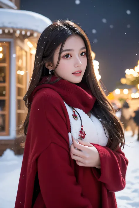 In a snowy winter garden, a gorgeous brunette girl with long flowing hair stands amidst the snowflakes. Her captivating eyes sparkle with excitement, reflecting the joyful spirit of Christmas. The exquisite details of her face, from her beautiful eyes to h...