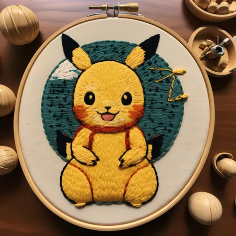 masterpiece,top quality, cuocuoxiu,punch needle embroidery,pikachu,science and technology, background,