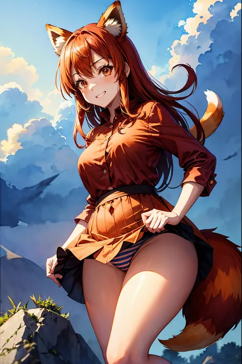 Anime moe style, (looking down at viewer), (((giantess))), ((low angle)), (Big thighs), ((plump)), ((big hips)), thin waist, ((flat stomach)), Cheeky grin, (mischievous), Blush, Red hair, (Orange eyes), (tight Button shirt), (short skirt), (Upskirt angle s...