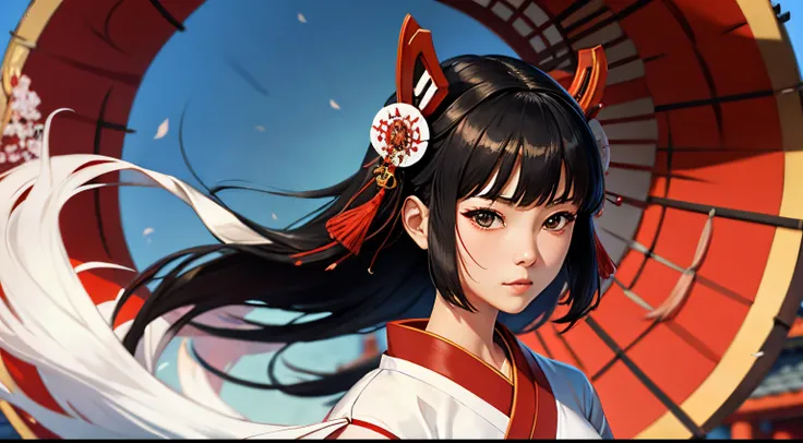 miko, Shrine maiden, black hair, white kimono, ancient Japanese style hair ornament, large circle in the background