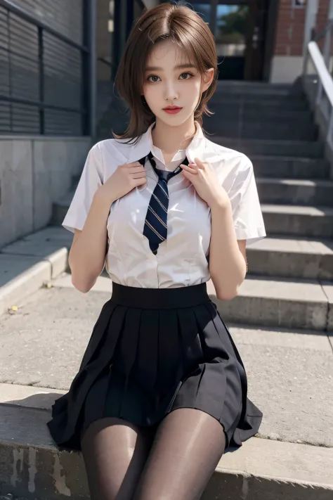 korean school uniform、summer uniform shirts、tight-fitting shirt、ribbon ties、skirt by the、schools、stairs at school、chest lifting ...