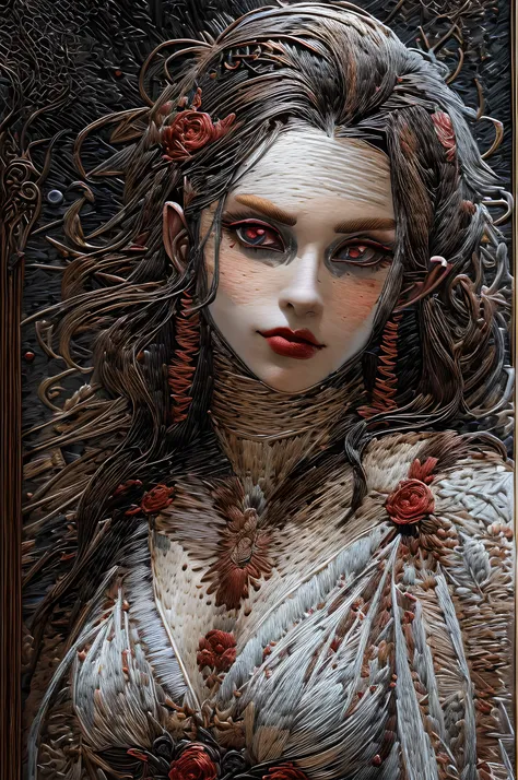 (embroidery artwork: 1.5), punch needle embroidery,  full body best details, highly detailed, best quality, highres, full body portrait of a vampire, elf (1.6, Masterpiece, best quality), ultra feminine (1.4 intricate details, Masterpiece, best quality) wi...