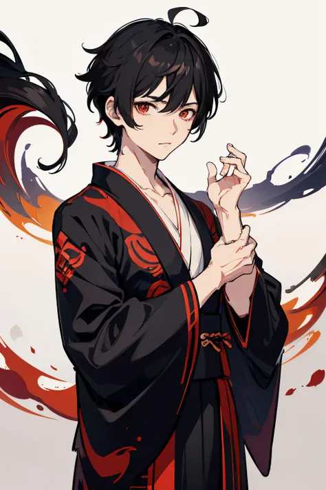 1 boy, male character based on genshin impact games, illustrate in anime art style, he has black slightly curly hair and red eyes, dress the male character in a traditional japanese yukata, Genshin Impact universe, ultra detail, 2D animation, 4K