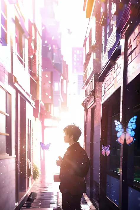 Anime boy playing piano，There are butterflies flying around, An anime cover, dreamy psychedelic anime, Guweiz style artwork, Primary animation visuals, pianist, Beuatiful anime, Official fan art, Anime that won the Aesthetic Award, haruhi, Detailed key ani...