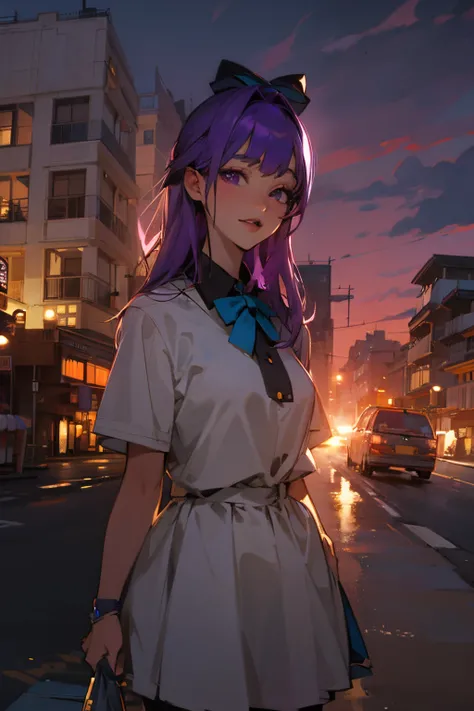 Purple colored hair，purpleeyes，sandbeach，Seafront，the sunset