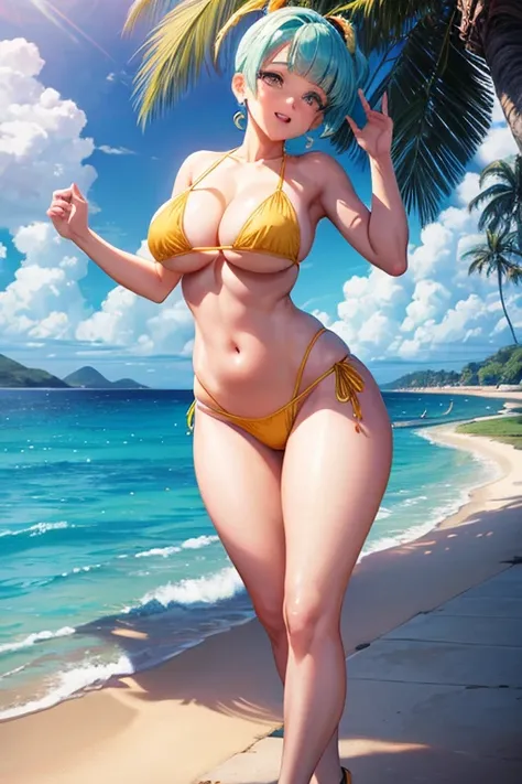 i res, masterpiece, 8k, NSFW, gigantic tits, dense pubic hair, palm beach, day, sunlight illumination, ocean landscape in background, Lewd face, erotic expression, moaning, tongue out, yellow halter string micro bikini, yellow high heels, (bulma is standin...