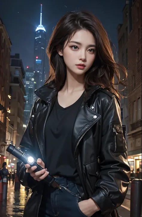 One Beautiful Woman。Dark brown hair。Beautiful double eyes。Passed nasal muscle。A well-shaped、Thick lips。Contemporary attire。In one hand she holds a device that resembles a flashlight.。The location is in the city、Time is night。Masterpiece。