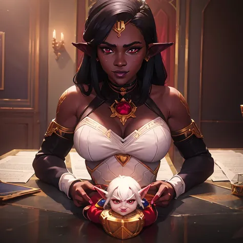 ((Masterpiece)), ((best quality)), ((highres)), Dark elf woman in a majestic dress sitting at a table with other people, dark grey skin, gray-skinned, elven ears, she has ruby-red eyes and grey skin, black hair, polite smile, 35 years old, discussing, extr...