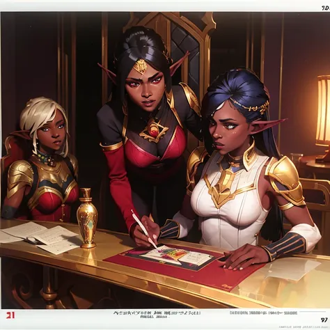 ((Masterpiece)), ((best quality)), ((highres)), Dark elf woman in a majestic dress sitting at a table with other people, dark grey skin, gray-skinned, elven ears, she has ruby-red eyes and grey skin, black hair, polite smile, 35 years old, discussing, extr...