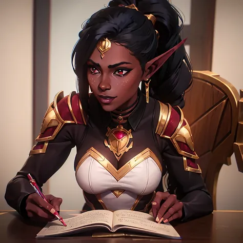 ((Masterpiece)), ((best quality)), ((highres)), Dark elf woman in a majestic dress sitting at a table with other people, dark grey skin, gray-skinned, elven ears, she has ruby-red eyes and grey skin, black hair, polite smile, 35 years old, discussing, extr...