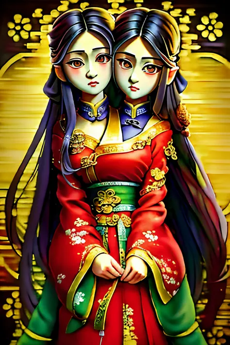 (masterpiece, best quality), best resolution, (2heads:1.5), 1girl, two heads on one chest oriental detailed background, very lon...