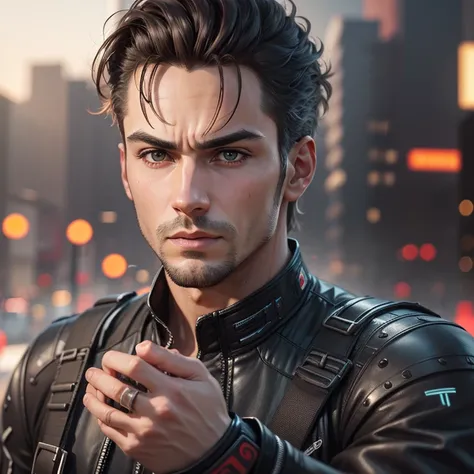 Put same expression same high eyes angle and same hair with clean shave serious look with the theme of cyberpunk ultra realistic image 8k real same angle clean shave trimmed face clean shave 5 fingers