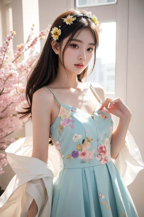 dried flower、Japan Beautiful Girls。Produces high-quality female images with an innovative artistic atmosphere that stands out in pastel colors。She has her own fashion style、Dressed in glamorous and soft pastel costumes。Against the background of a fantastic...